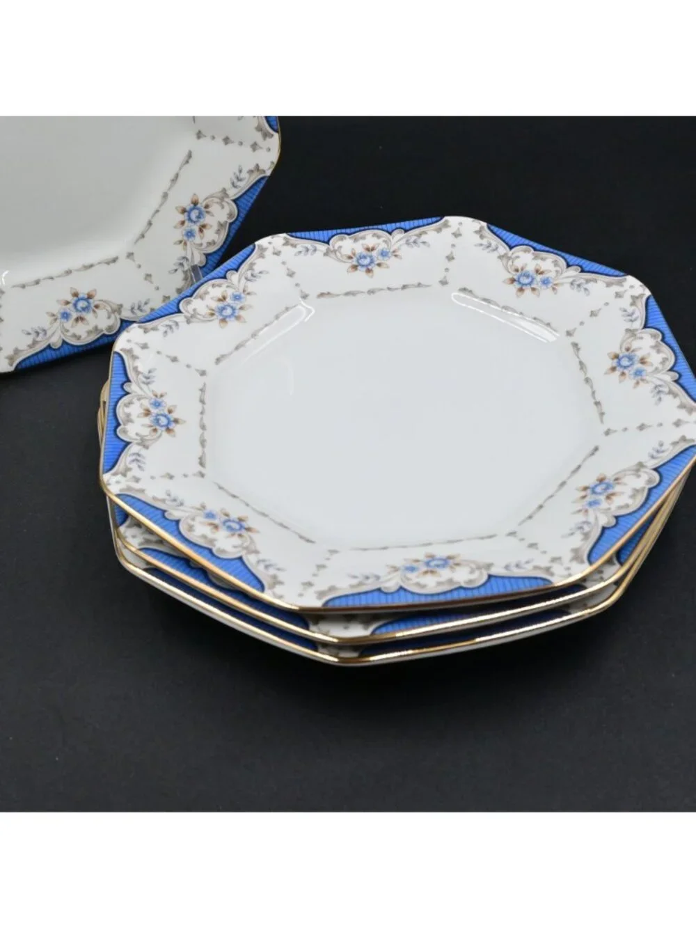 Seizan Mood Indigo 7936 Octagonal Salad/Bread Plates Japan Set of 4 Vintage 8